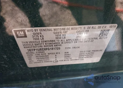 2015 GMC Sierra 1500 Sle из США, поврежденный, VIN 3GTP1UEC8FG181729